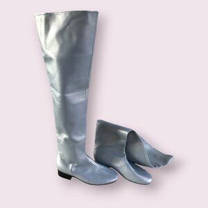 Leather Long Boot, Pearl Blue Leather Boots for Girls, Designer Shoes, Size 8.0